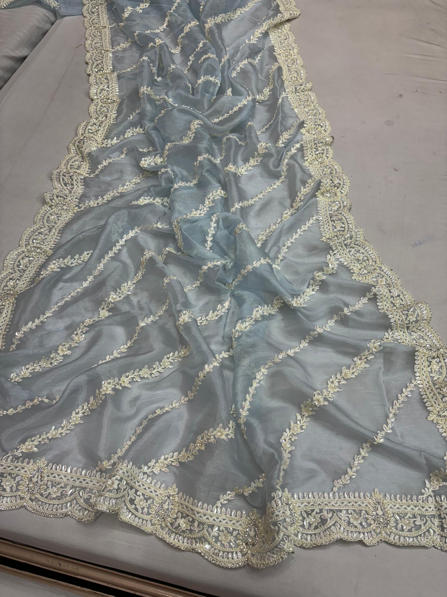 ALLOVER CODING REASHAM DESIGNER JALL AND BORDER WITH STONE ON PURE ORGANZA 
Saree
