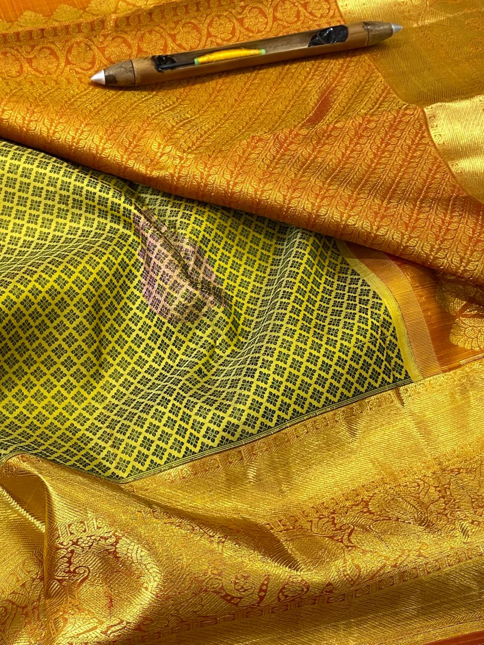 Kanchipuram Handloom pure silk saree
Beautiful fancy Design
gold zari beautiful embossed butta type sarees*