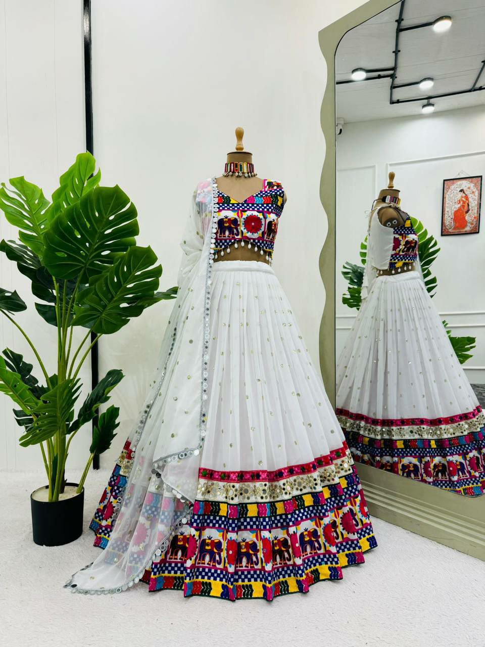 Perfect ring ceremony lehenga choli set :                                   Foux gorgette 
Work : Sequnce with Chainstich work with *Real mirror