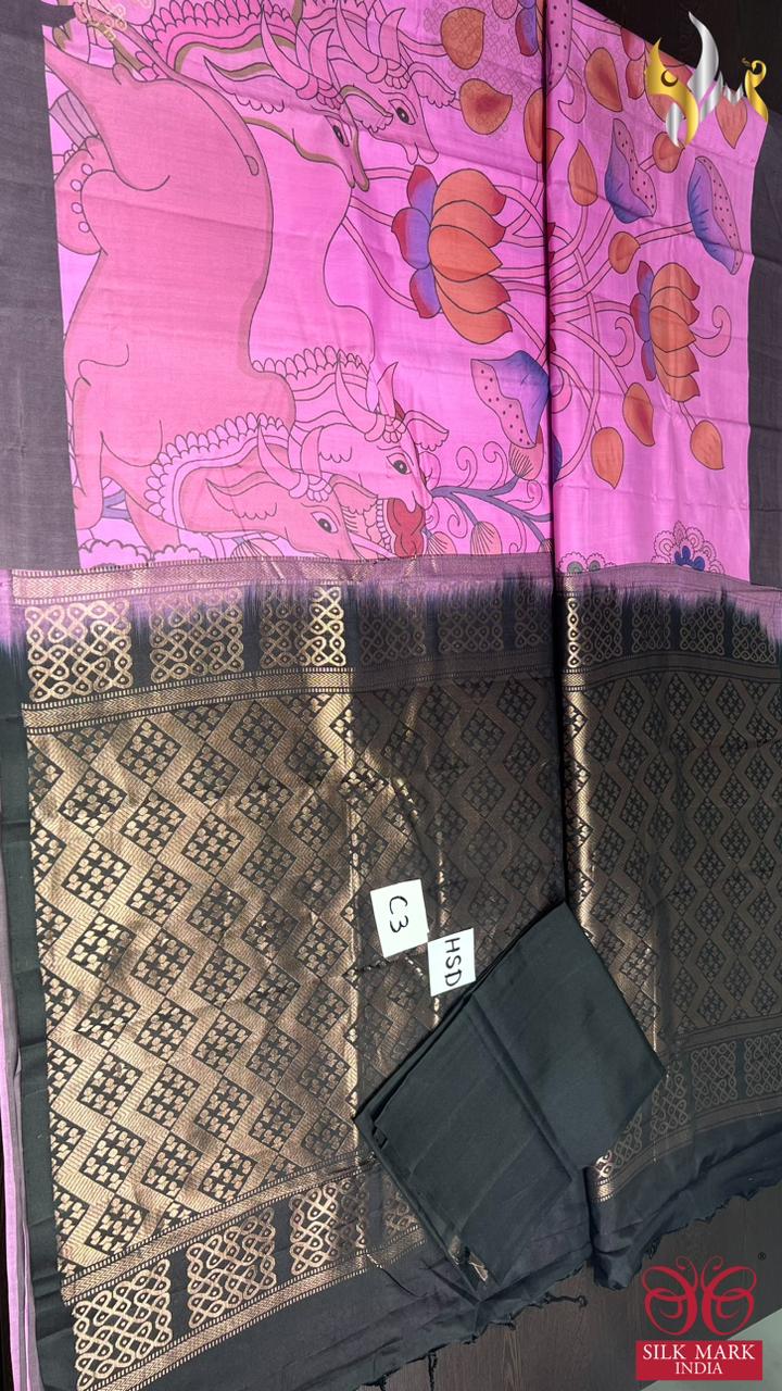 Original kanchipuram handloom silk  exclusive  TRADITIONAL  DESIGN KALAMKARI/PICHWAI design DIGITAL PRINTED Softsilk sarees*