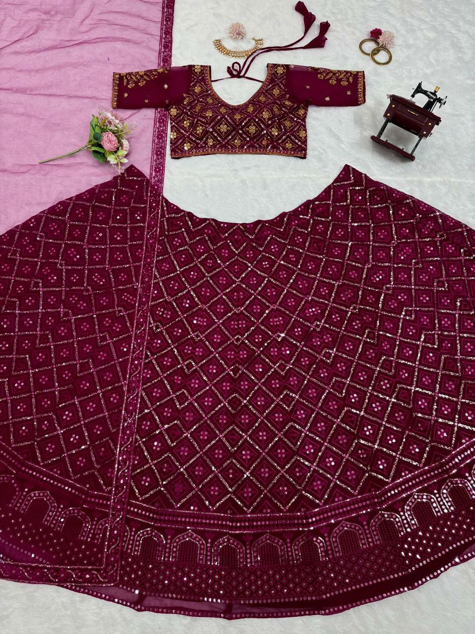 DESIGNER BRIDAL Lehengha 
Fabric : Foux gorgette 
Work  thread with 9mm Sequnce