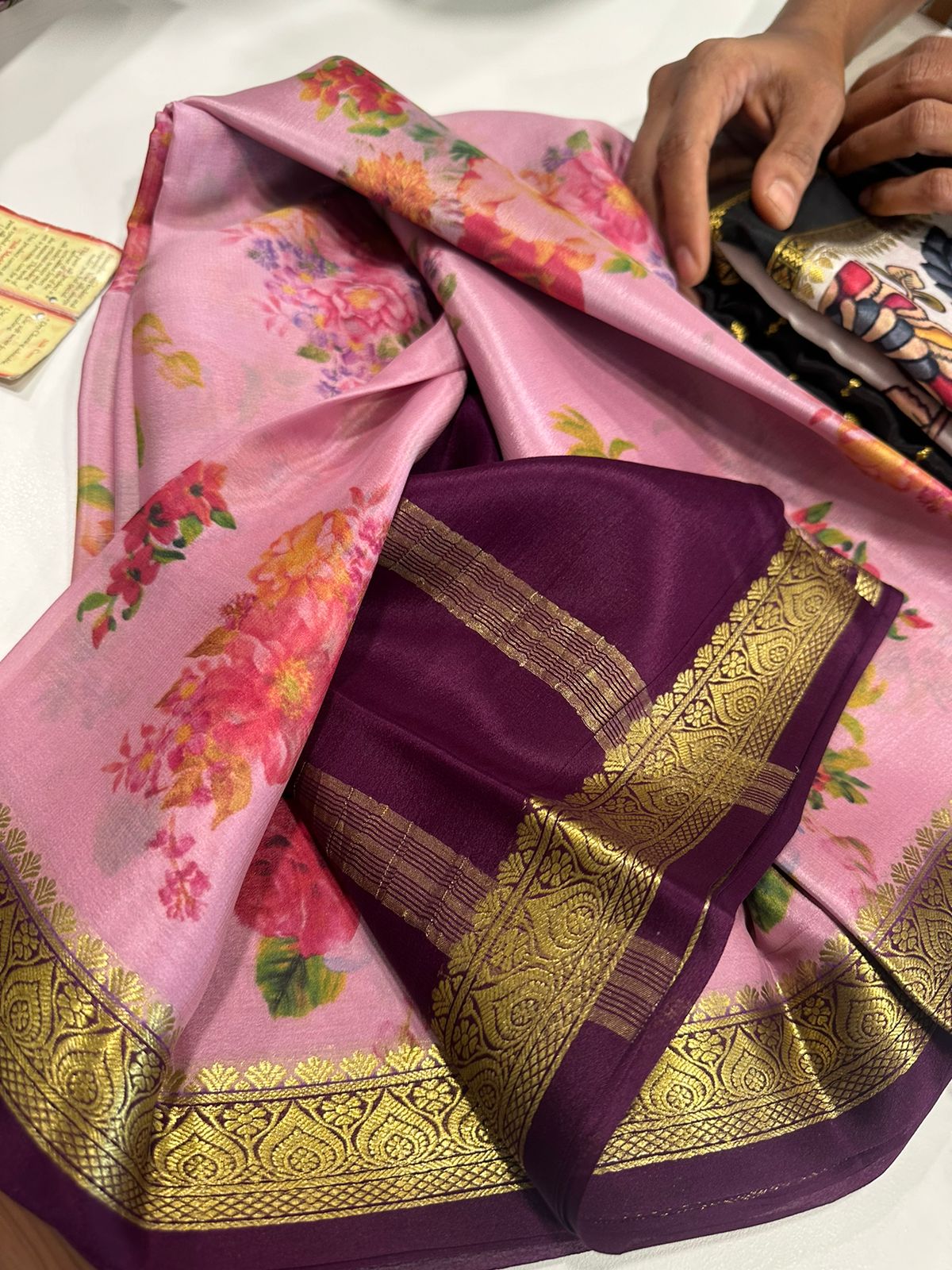 Pure Mysore silk saree
Silk mark certification 
75  grm  thickness 
Comes with contrast  blouse piece 
digital prints Printed Mysore silk sarees with heavy quality