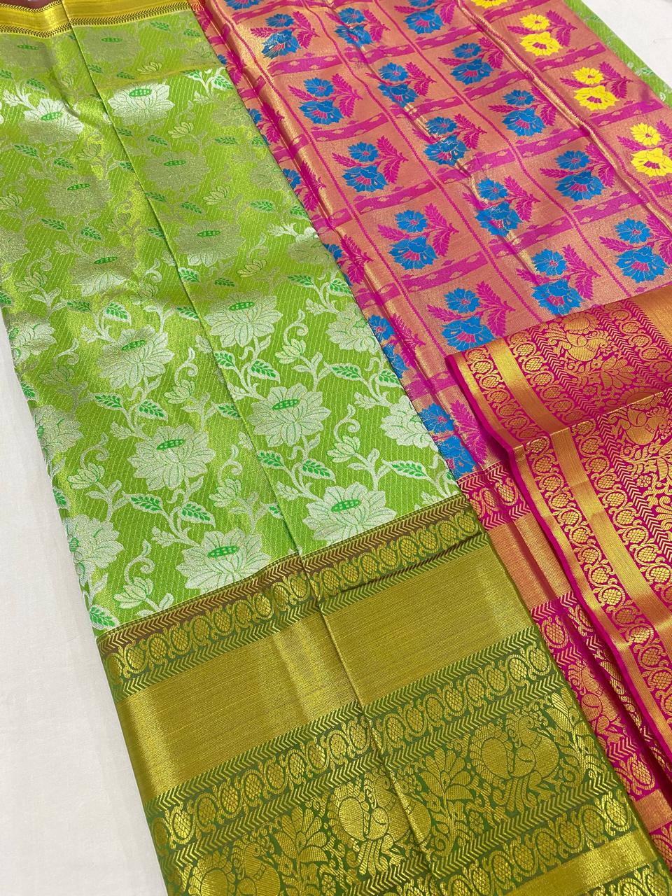 Kanchipuram semi Tishu silk sarees
Beautiful Design 
beautiful tishu bridal Semi silk sarees*