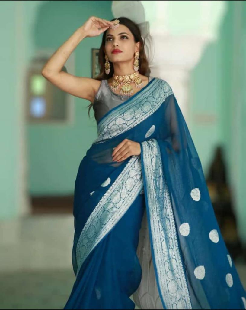 New Banarasi Semi Georgette Sarees
With Silver Zari Buta Good Quality
Banarasi blouse