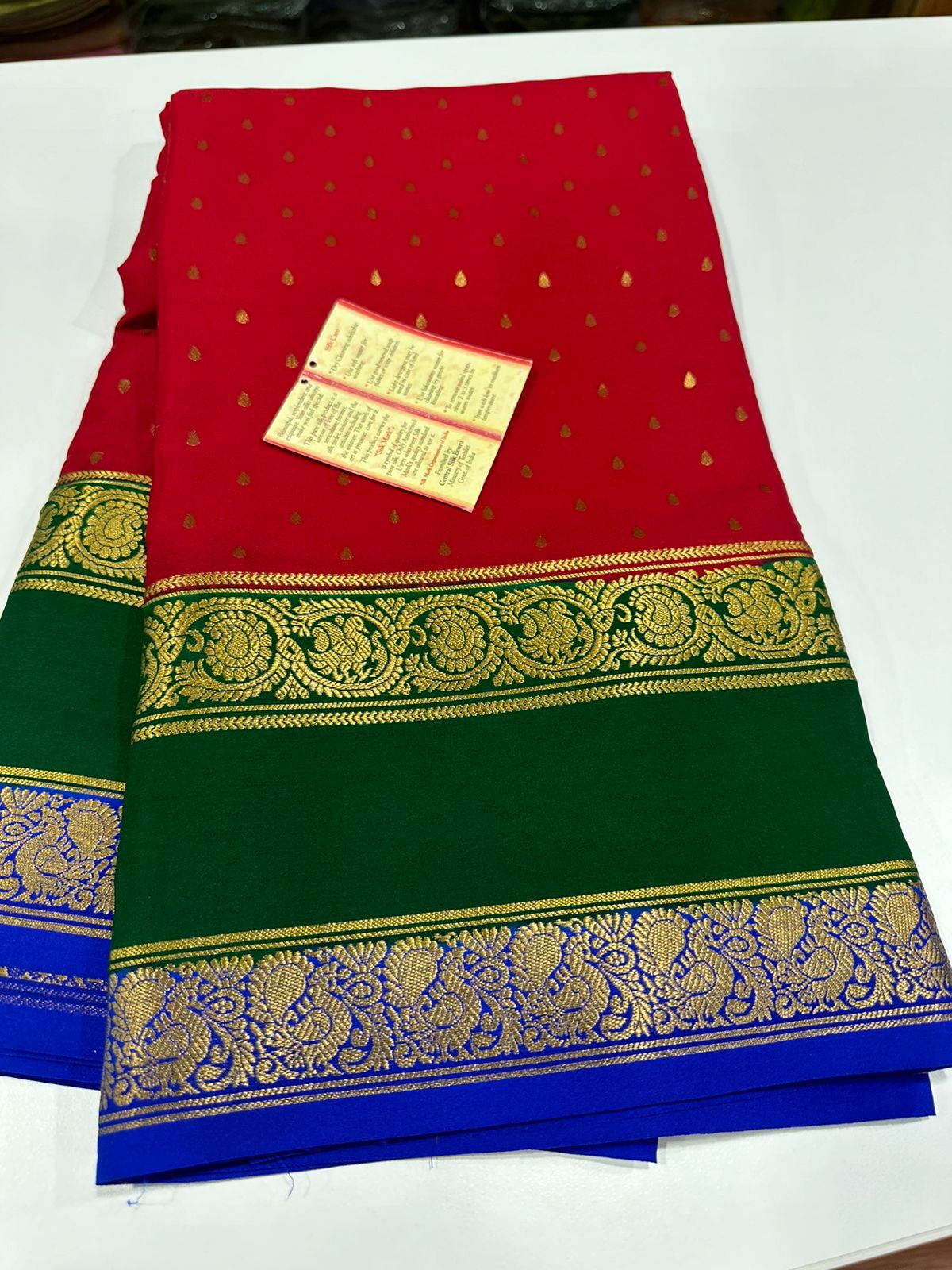 Pure Mysore silk sarees
120 grm thickness  with rich pallu 
Silk mark certified
Big mango n peacock design on border