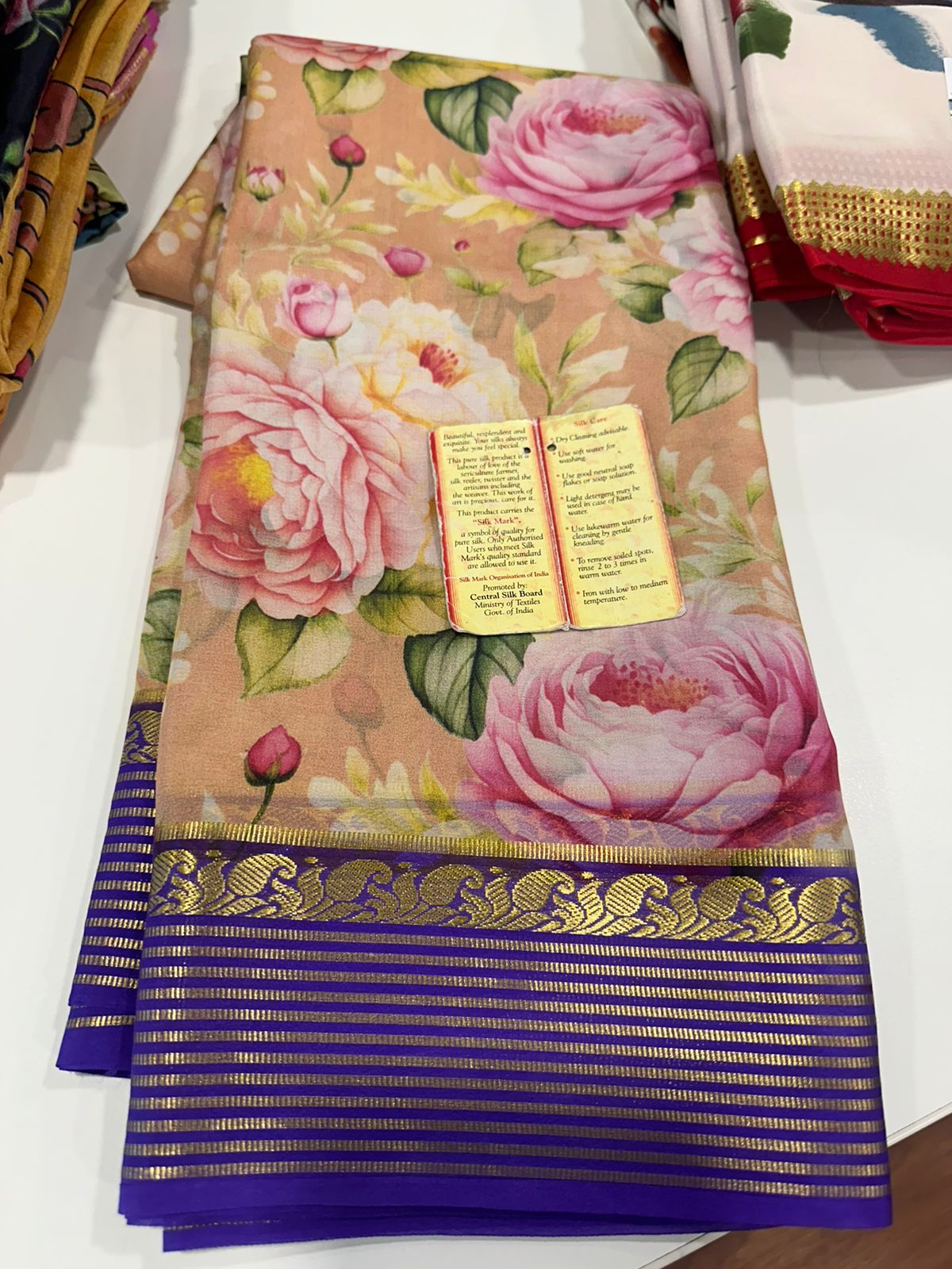 Pure Mysore silk saree
Silk mark certification 
75  grm  thickness 
Comes with contrast  blouse piece 
digital prints Printed Mysore silk sarees with heavy quality
