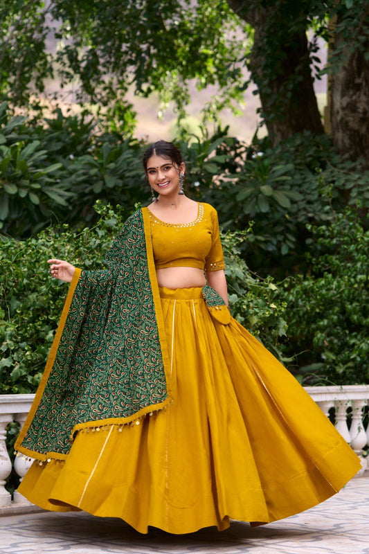 Dance through Navratri nights in this beautifully printed pure cotton lehenga choli