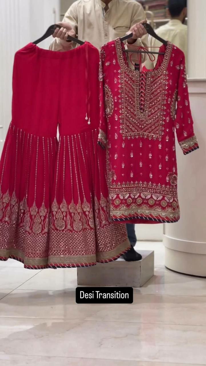 Perfect bridal sharara suit set Fabric :  Foux gorgette 
Inner  : Micro
Work   : thread with Sequnce  
Stich    : M(38),L(40),XL(42) with xxl margin
