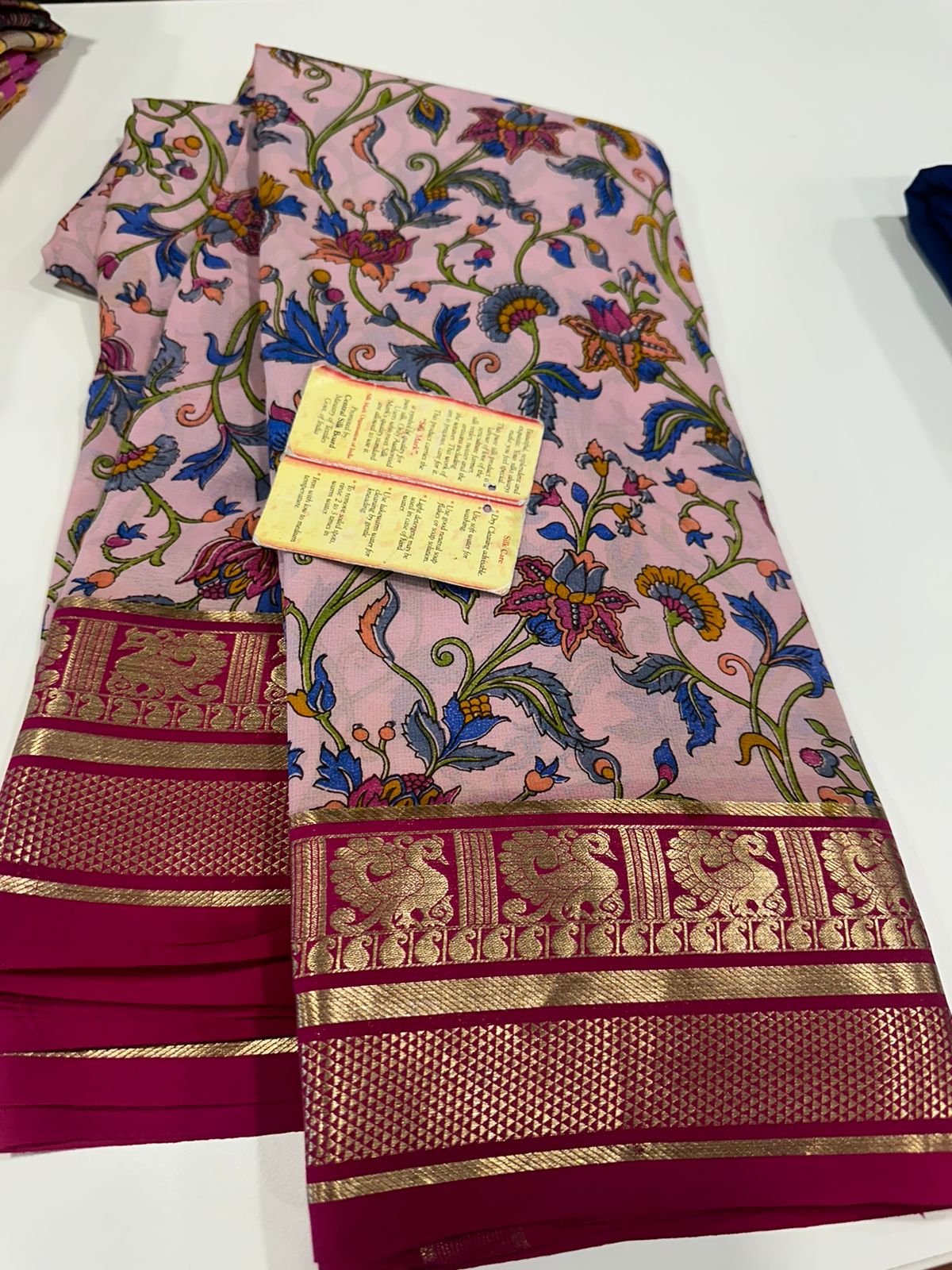 Pure Mysore silk saree
Silk mark certification 
75  grm  thickness 
Comes with contrast  blouse piece 
digital prints Printed Mysore silk sarees with heavy quality