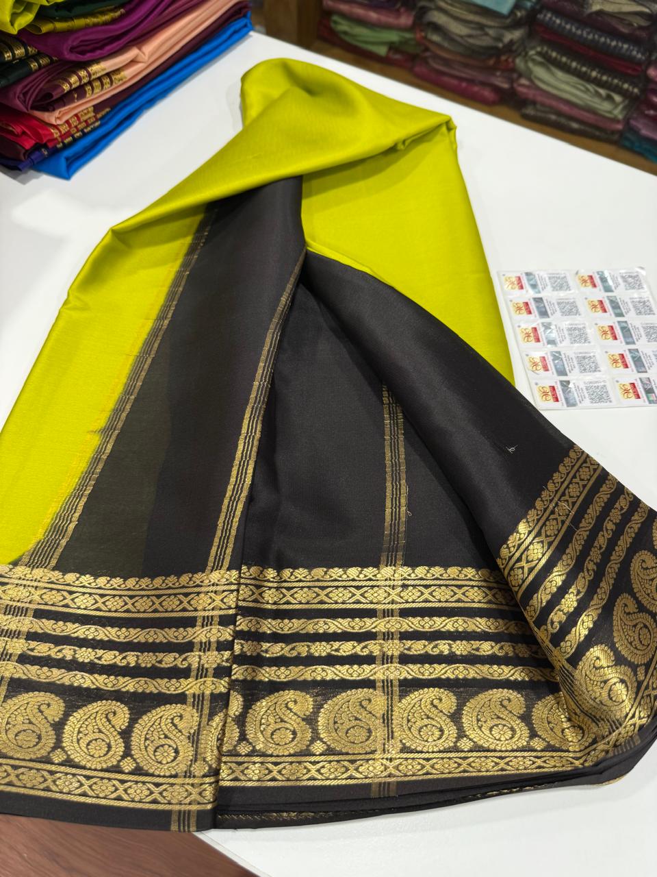 Pure Mysore silk sarees 
75 grm thickness Traditional  border Mysore silk sarees with all beautiful self colour big mango traditional