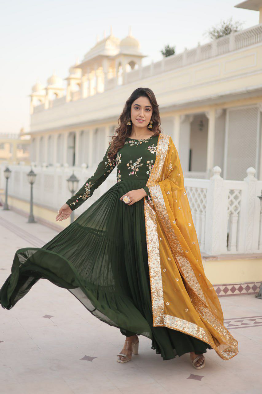 GOWN  set
FABRICS & Work :- Faux Georgette with Embroidered and Multi-Sequins work