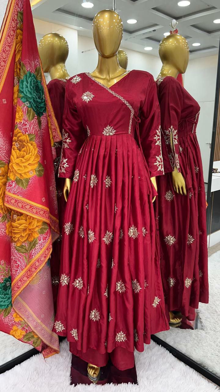 Beautiful palazzo suit set Pure Chinnon Silk With Embroidery Work With Fancy Full Sleeve
Top Inner  :Heavy Micro Cotton
Top Length:-48-49Inch
Top Size
M(38),L(40),Xl(42),XXL(44)
(FULLY STITCHED READY TO WEAR)