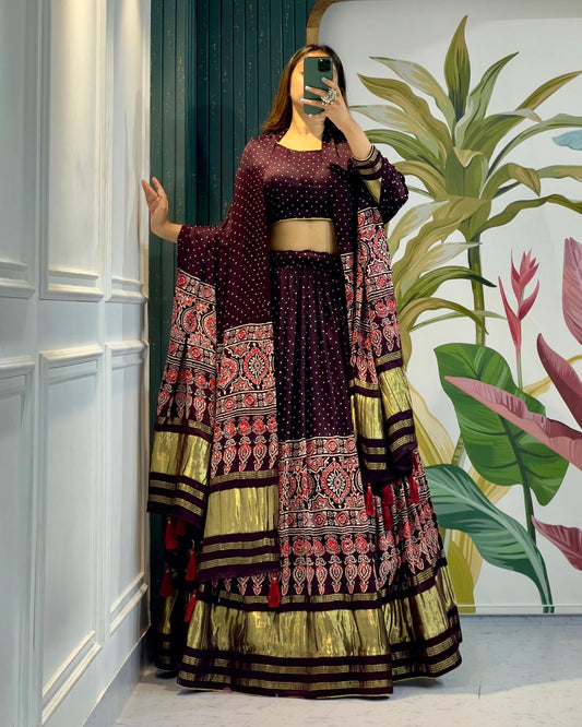 Raise up your style with this Ravishing gaji silk lehenga to vibrant your look at wedding and navratri.