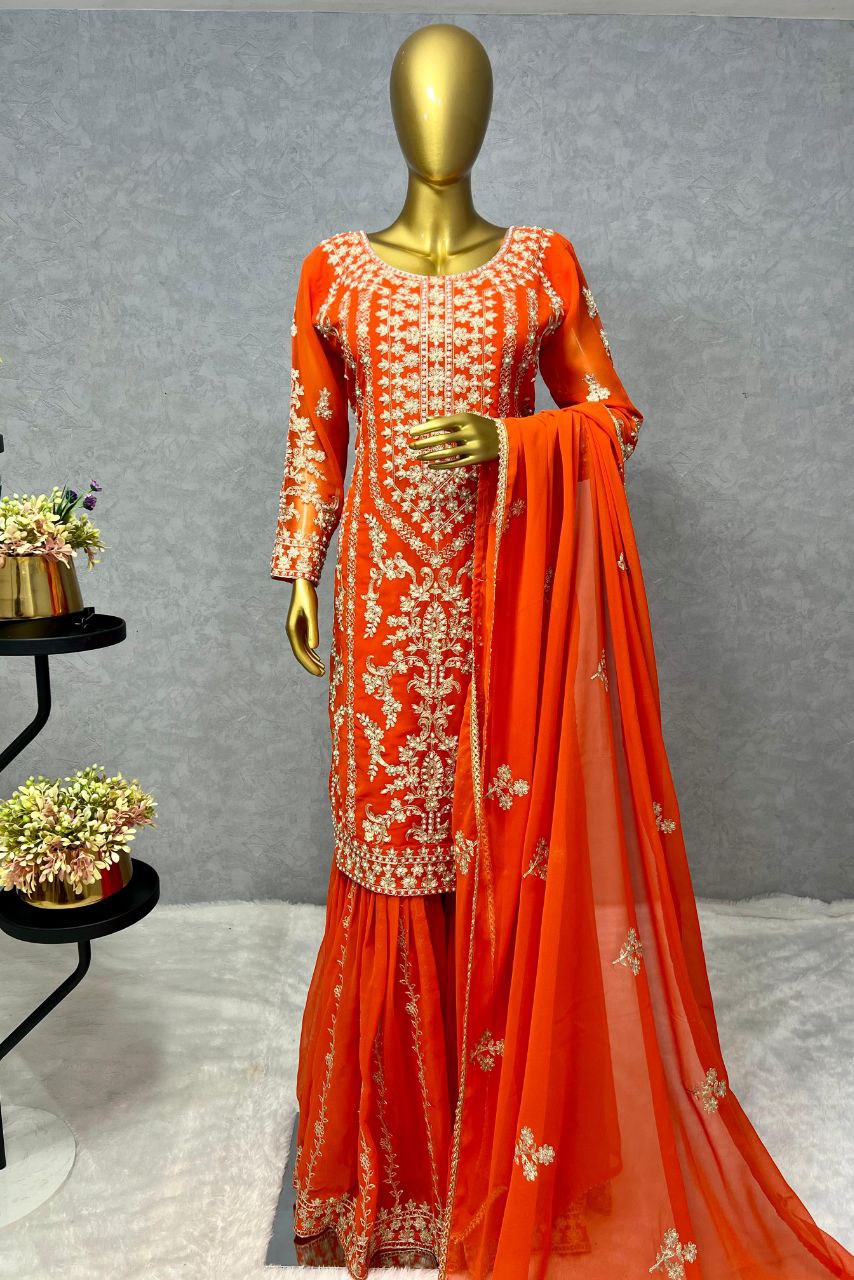 BEAUTIFUL BRIDAL SHARARA SET 3 PIECE KURTI WITH SHARARA AND DUPATTA