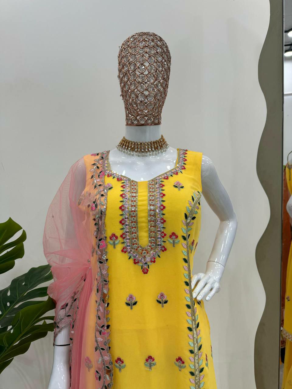 Designer sharara suit set perfect for haldi ceremony                    Foux gorgette 
Inner  : Micro
Work  : thread with Sequnce