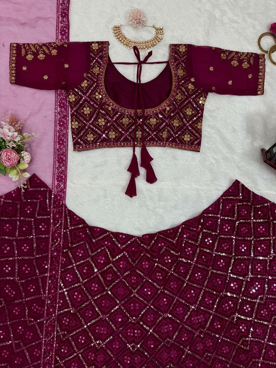 DESIGNER BRIDAL Lehengha 
Fabric : Foux gorgette 
Work  thread with 9mm Sequnce