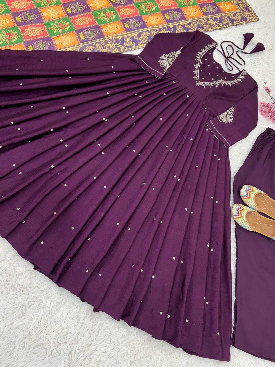 Suti set Pure Chinnon Silk With Embroidery Sequence Work With Fancy Full Sleeve
Top Inner : Heavy Micro Cotton
Top Length. :-48-49Inch 
Top Siz
 M(38),L(40),Xl(42),XXL(44)
(FULLY STITCHED READY TO WEAR)