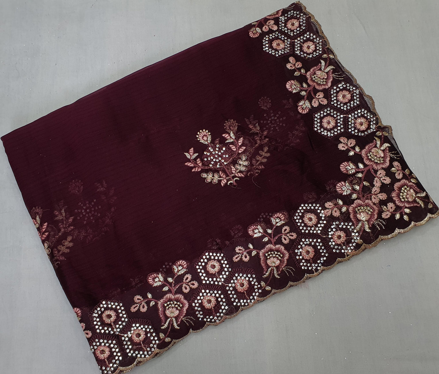 ALLOVER REASHAM WORK BORDER AND BUTTA WITH STONE ON GEORGETTE*Saree