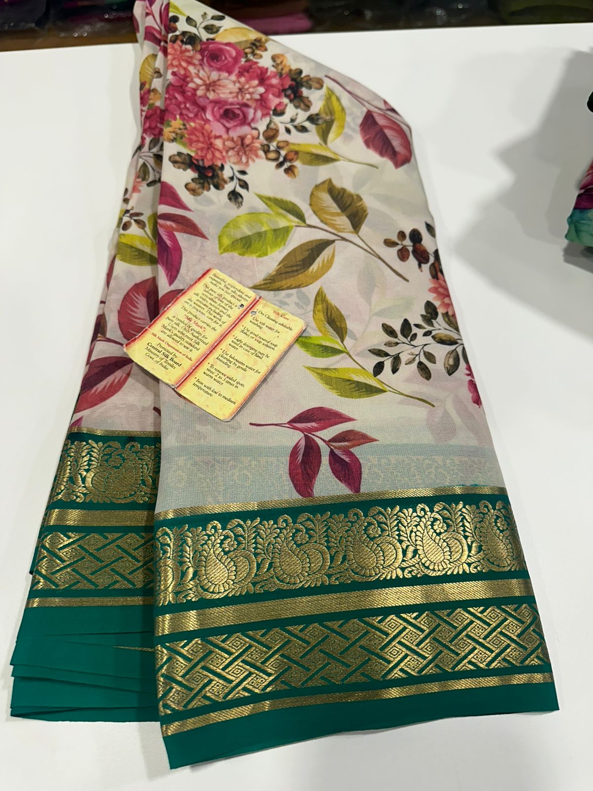 Pure Mysore silk saree
Silk mark certification 
75  grm  thickness 
Comes with contrast  blouse piece 
digital prints Printed Mysore silk sarees with heavy quality