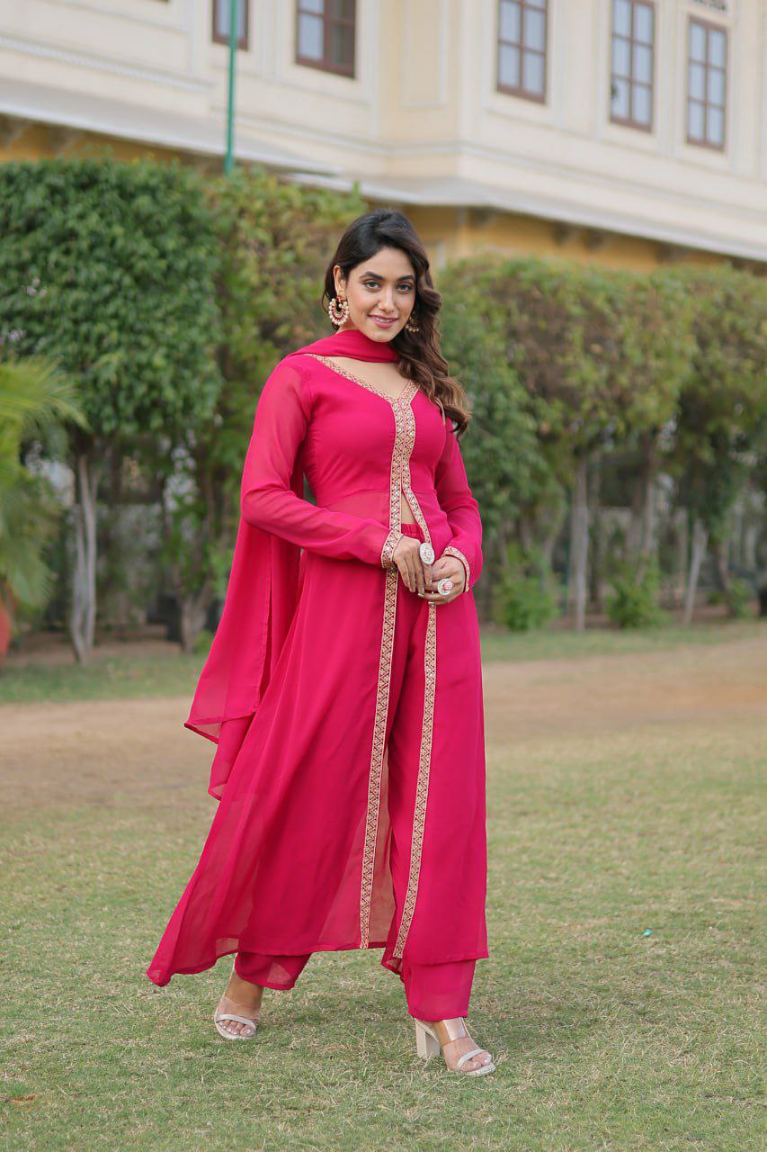Fancy suit set                        FABRIC & WORK :- Faux Blooming With Embroidered Work
