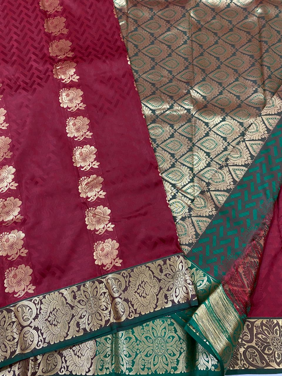 Kanchipuram Semi silk saree
Super quality 
beautiful embossed butta type sarees*