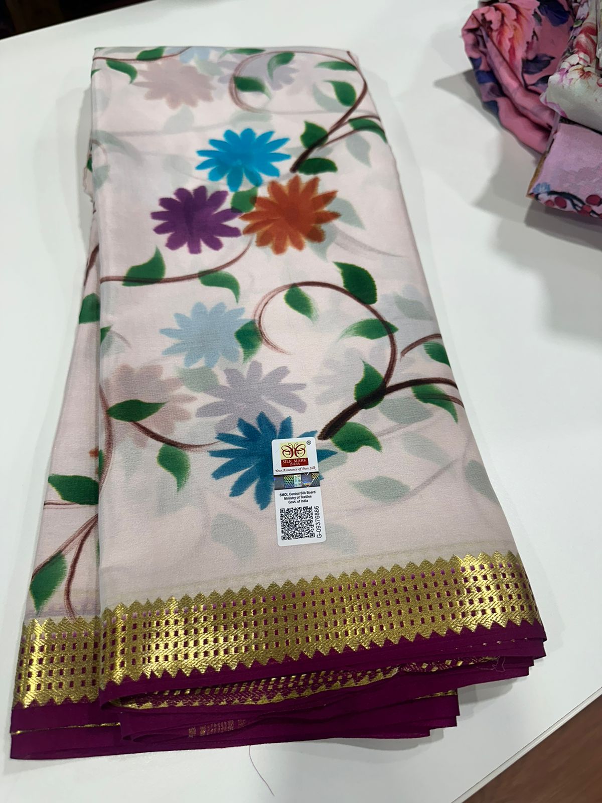 Pure Mysore silk saree
Silk mark certification 
75  grm  thickness 
Comes with contrast  blouse piece 
digital prints Printed Mysore silk sarees with heavy quality