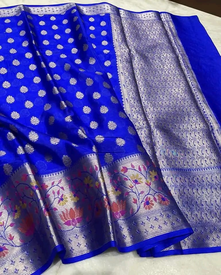 Banarasi Warmsilk Alfi Scurt*
Water Zari and Dupian Mina Work*
Beautiful Colour Combination*
Soft Fabric Light Weight Sarees*