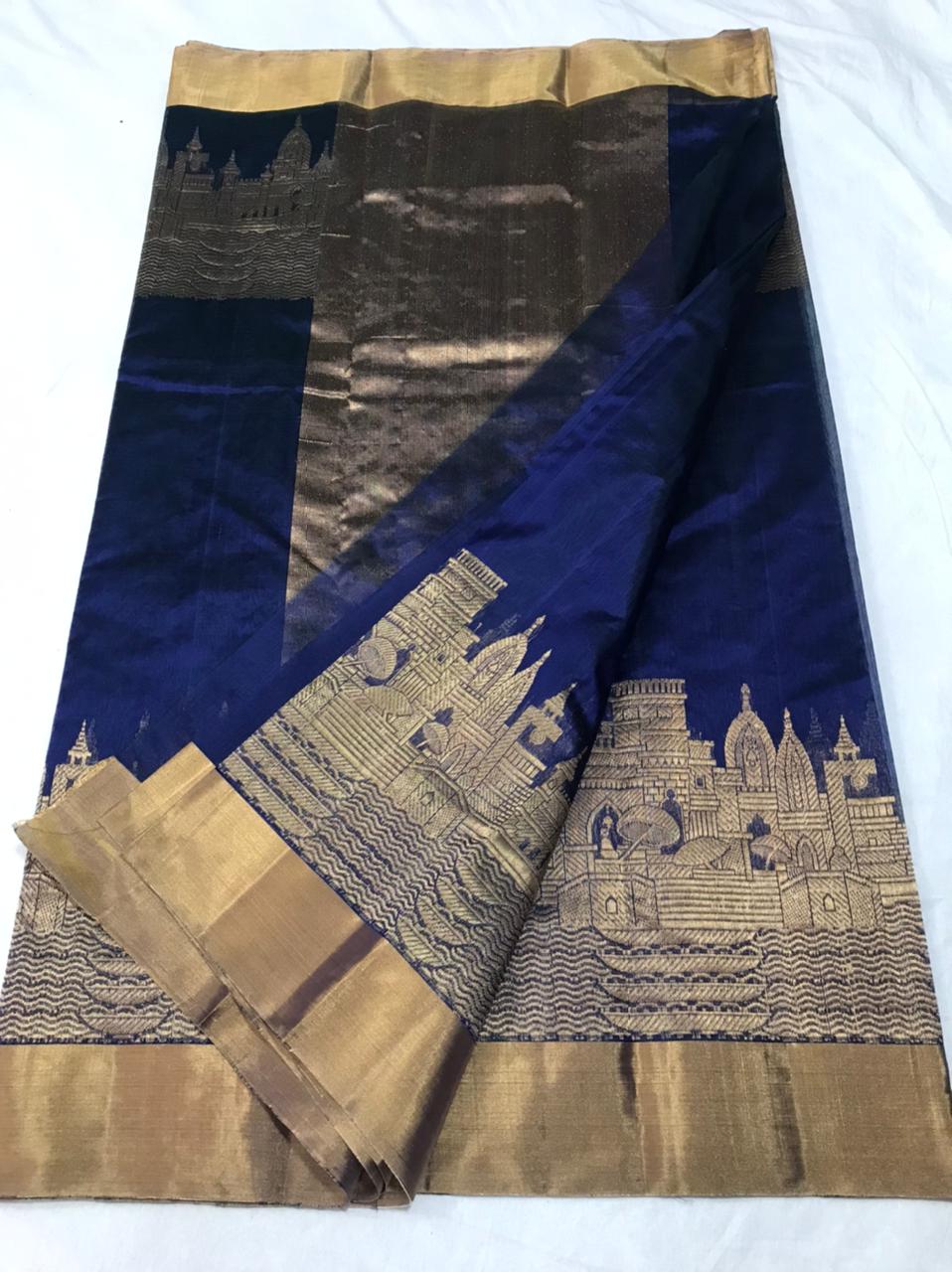 Chanderi pattu silk handborder mandir design saree