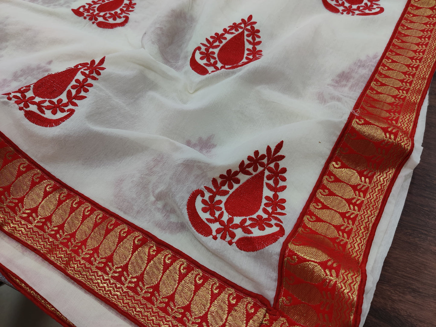 White Red cotton Saree