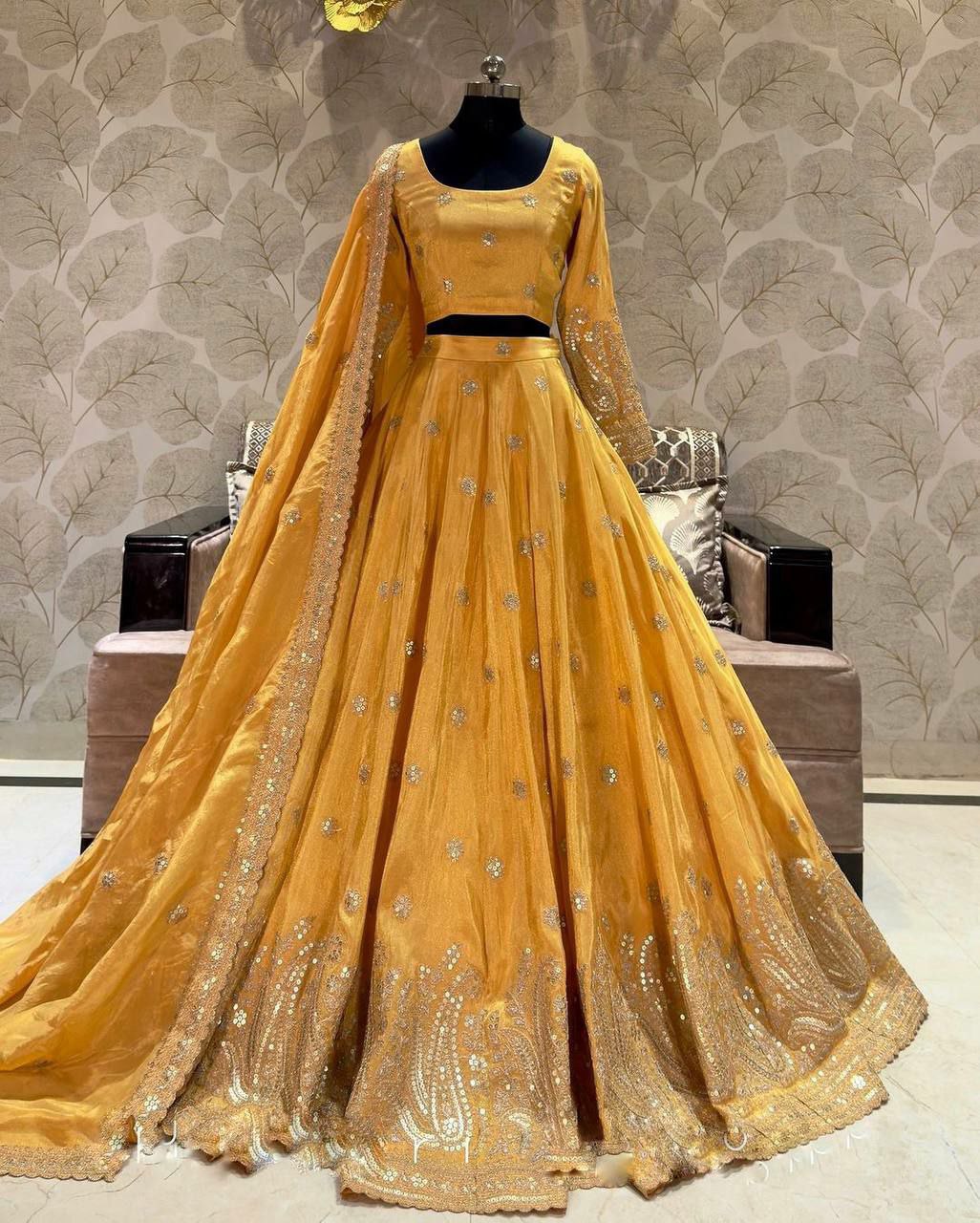 Lehenga Fabric   : Heavy  Chinon Silk With Heavy Embroidery Sequence Work With CanCan Patta
Lehenga Flair :  3 mtr
Lehenga Inner : Micro Cotton
Lehenga Length : 42-43 Inch 
Choli  Fabric : Heavy Chinon Silk With Heavy Embroidery Sequence Work