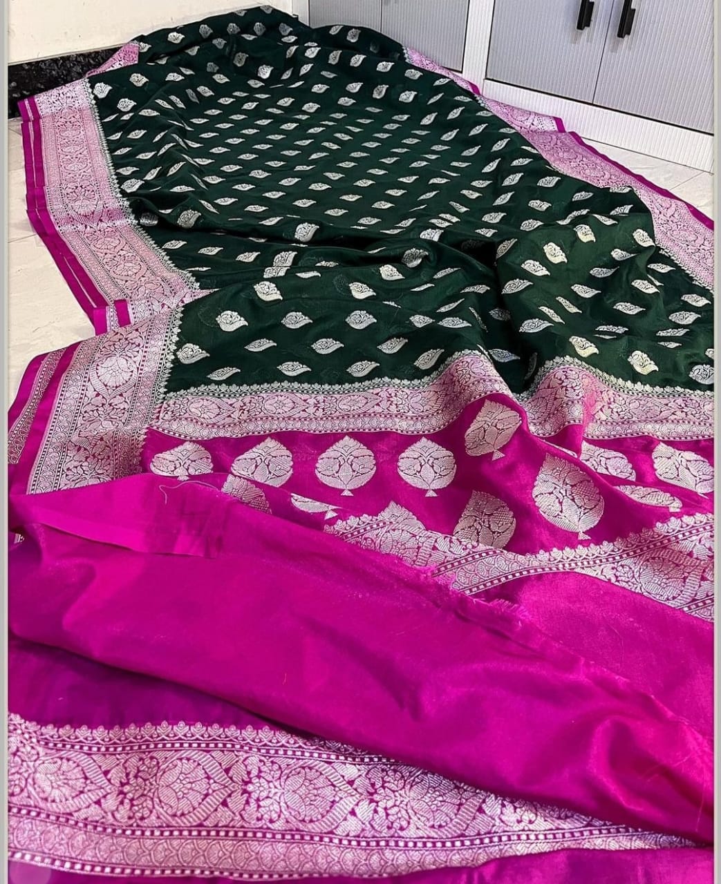 Banarasi Georgette Semi Katan 
Sarees Pure Silk Look With Exclusive Silver Zari Woven  Border Butis Body Rich Jacquard Pallu