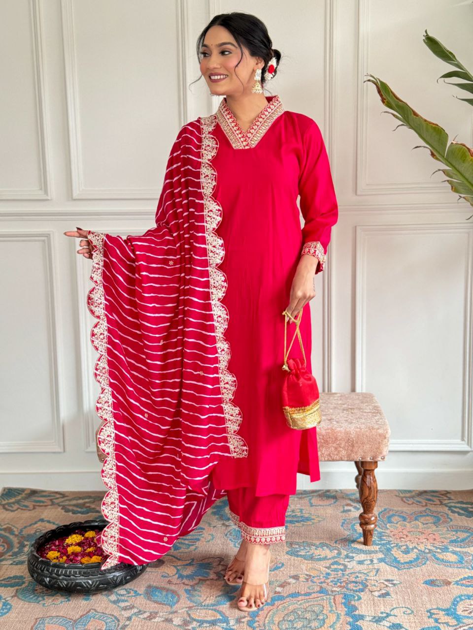 Suti set This set features PV CHANDERI with attractive Embroidery