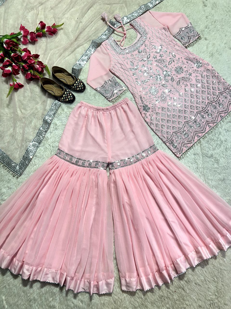 Sharara suti set                         Heavy Faux Georgette Material With 5mm Sequence Embroidery Work. with (Long Sleeves  )