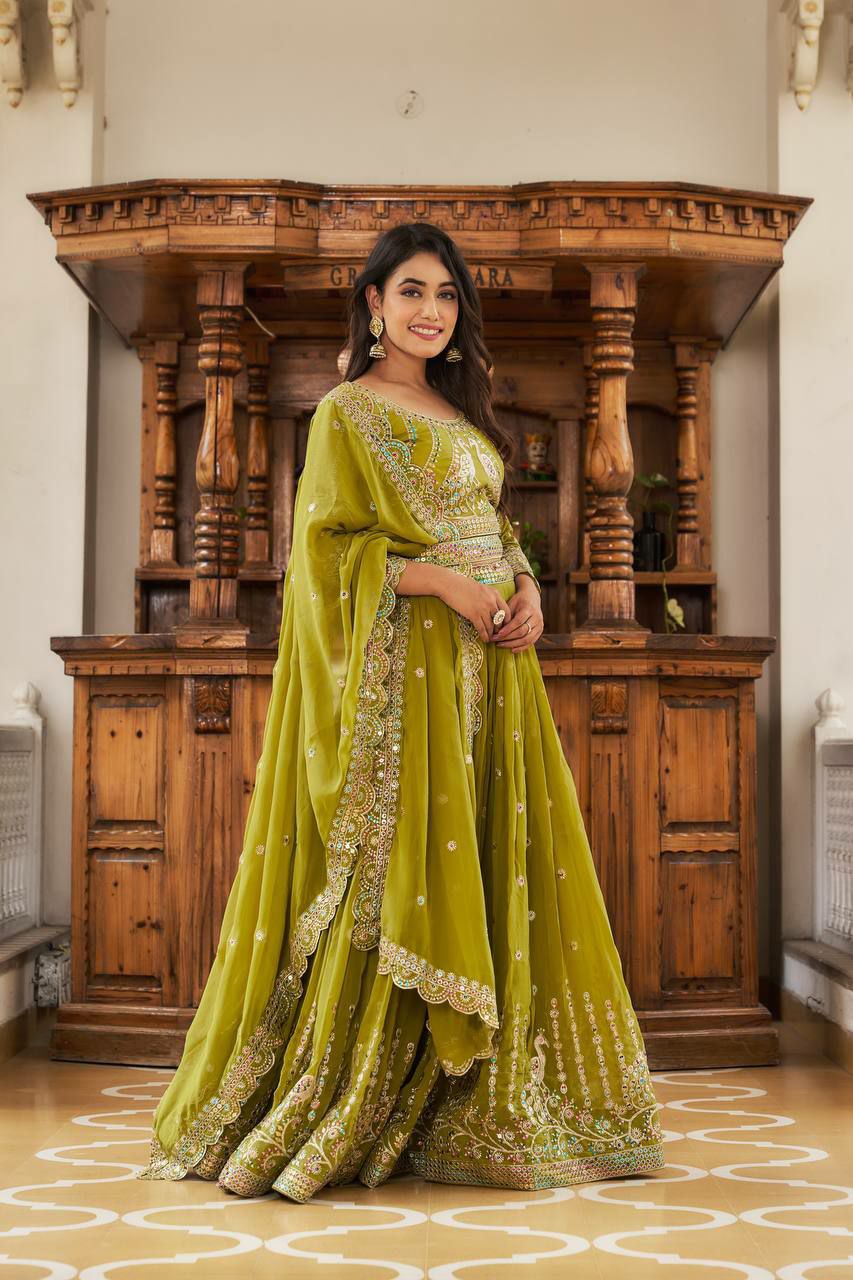 Perfect for mehndi ceremony lehenga choli set. 
Fabric:- Fox Georgette 
Work:- Heavy 7mm multi Sequence Work 
INNER:  Micro Cotton