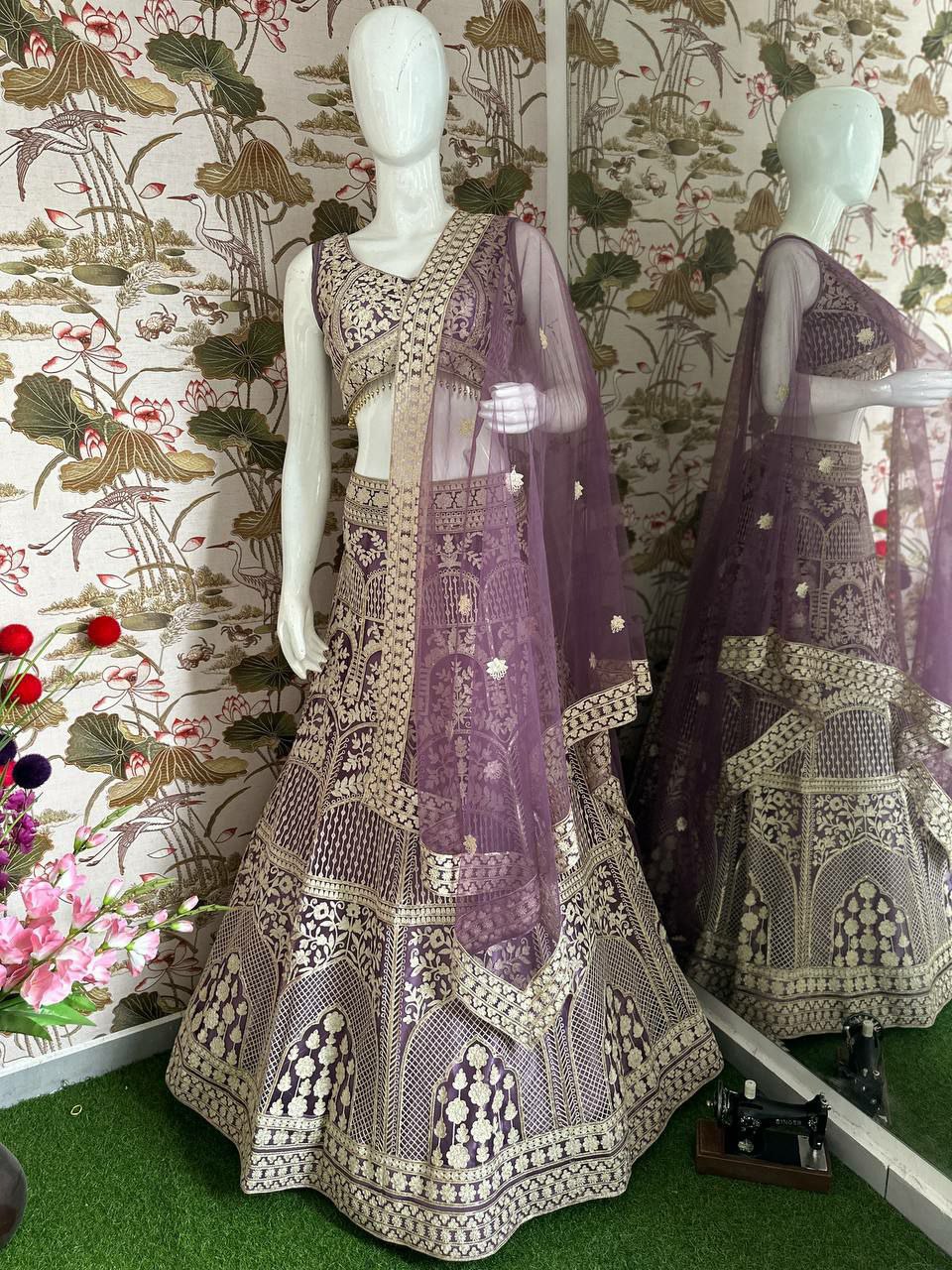 DESIGNER BRIDAL LEHENGA CHOLI                      EHNGA:HEAVY NET WITH EMBROIDERY SEQUENCE THREAD DESIGN WORK