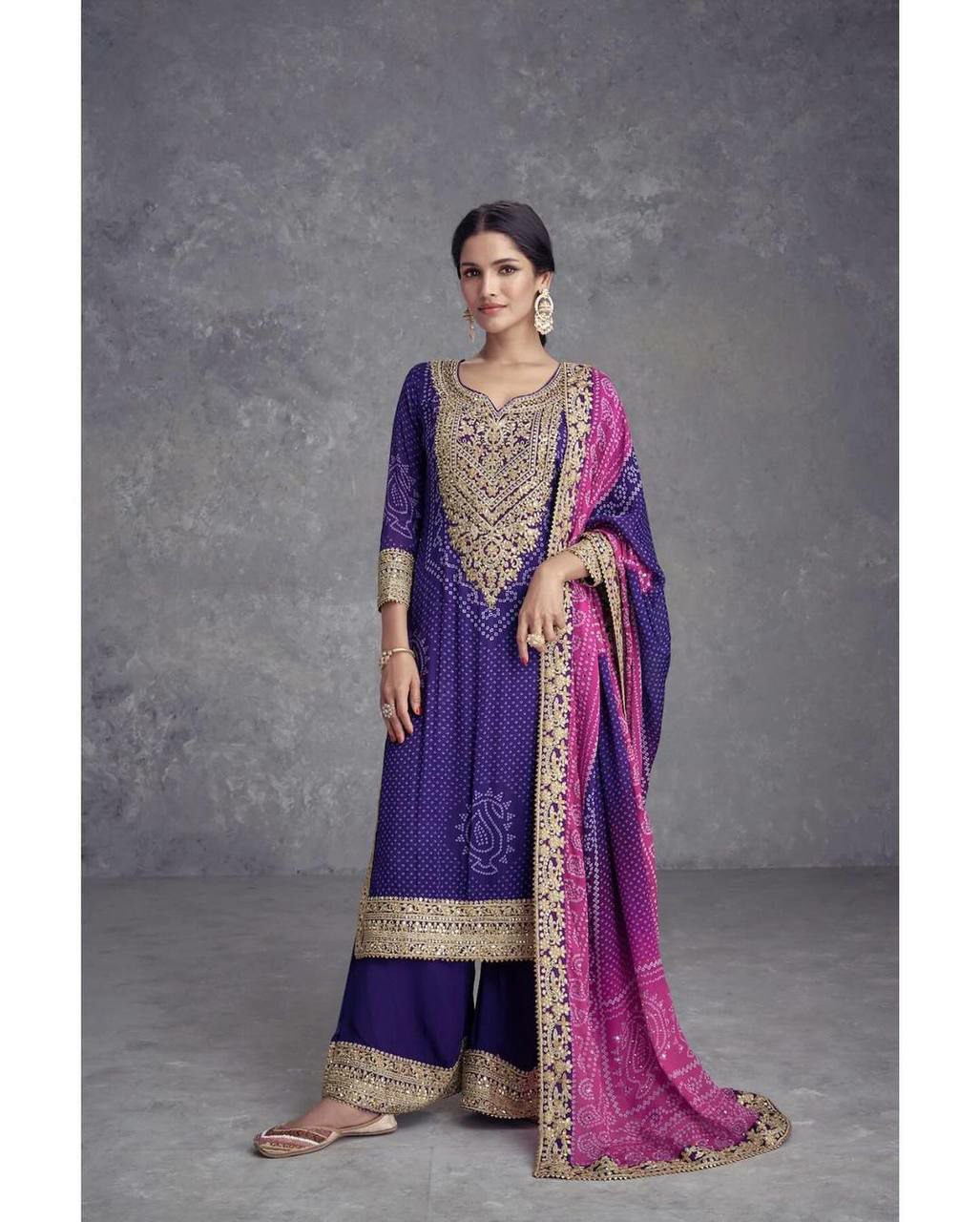 Designer plazo suit set          Heavy Chinon With Digital Print With Embroidery Sequence Work With Heavy With Full Sleeve