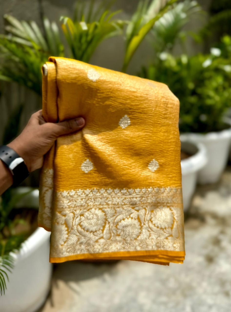 HANDWOVEN BANARASI DYEBLE KATAN TISSUE CRUSH SAREE BEAUTIFUL BUTI DESIGN ALL OVER BODY