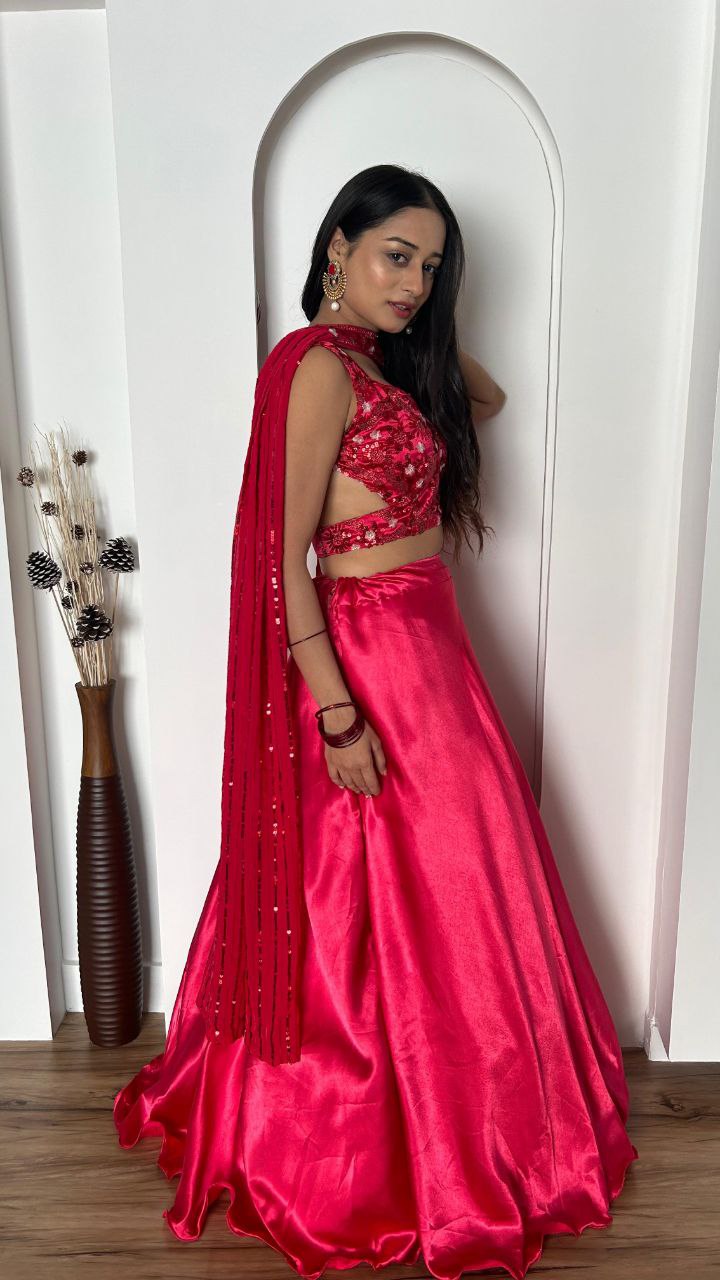 Beautiful lehenga collection Japan satin silk lehnga with 4.75 meter flair 
can can attach
Japan satin silk blouse with Dori , sequins & thread work ( unstitch )
Georgette stitched Duppata with Dori , sequins & thread work