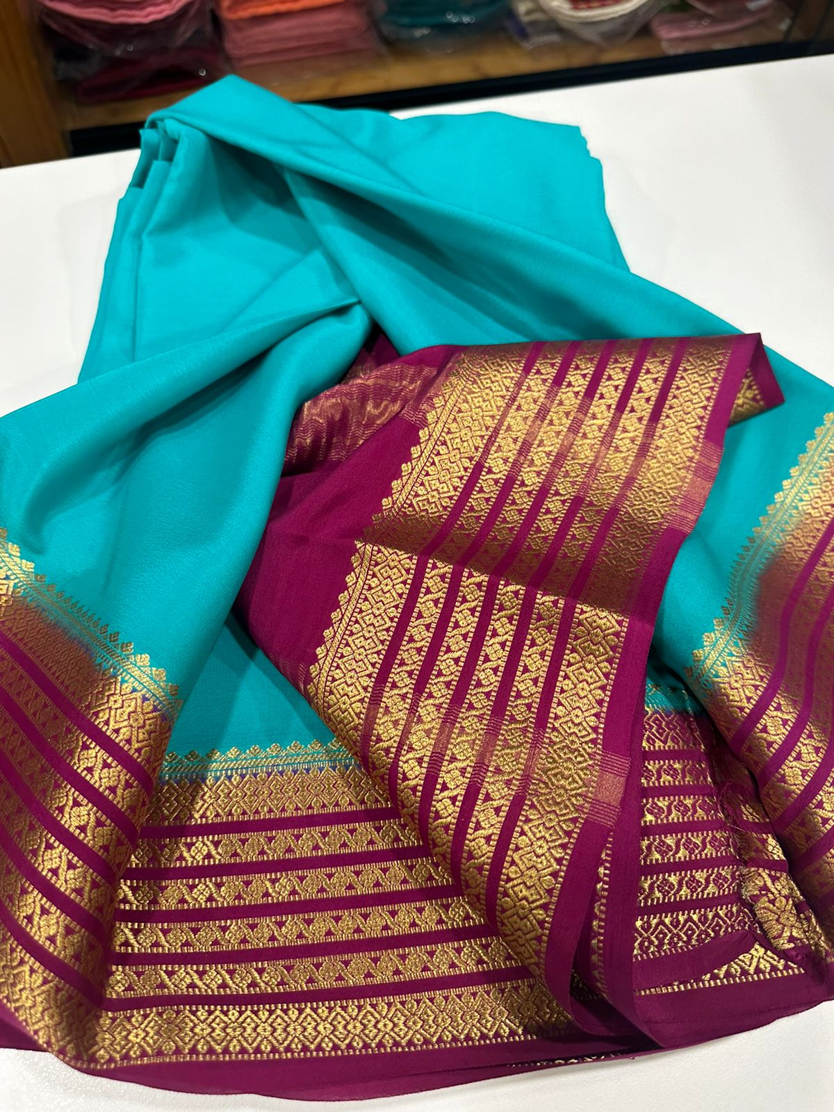 Pure Mysore silk sarees 
110 grm thickness  
Silk mark certified
Traditional lines border mysore silk sarees which comes with beautiful color combination