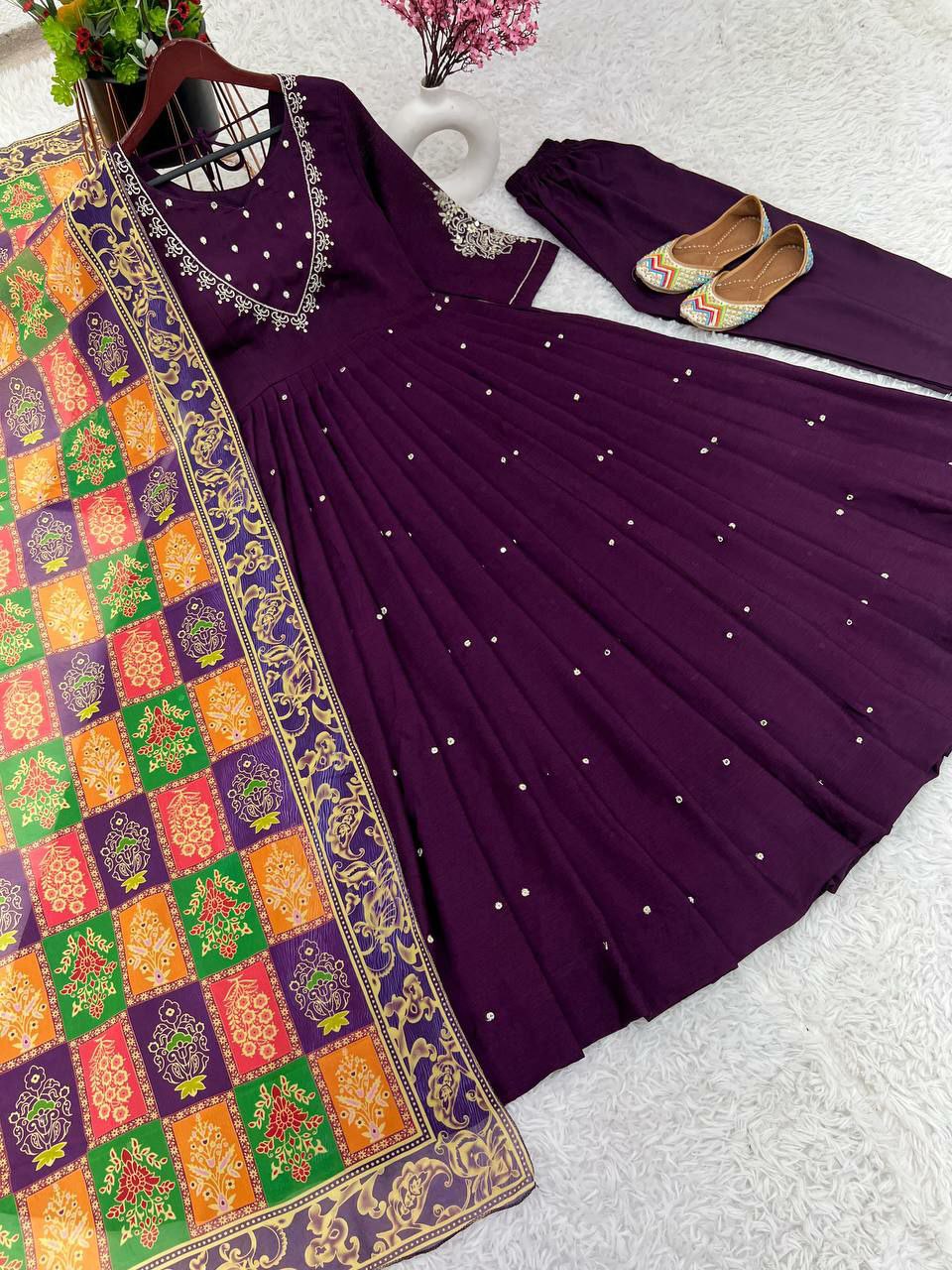 Suti set Pure Chinnon Silk With Embroidery Sequence Work With Fancy Full Sleeve
Top Inner : Heavy Micro Cotton
Top Length. :-48-49Inch 
Top Siz
 M(38),L(40),Xl(42),XXL(44)
(FULLY STITCHED READY TO WEAR)
