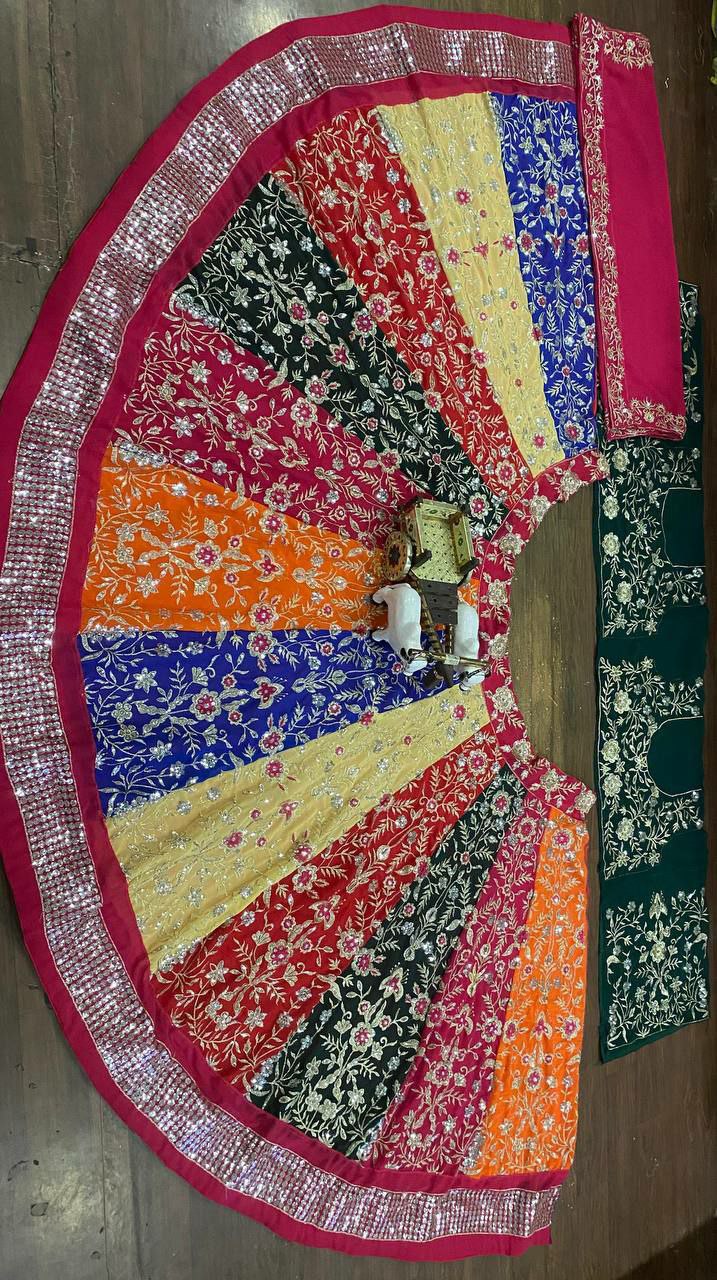 Lehenga choli 
Fabric : Luxurious Faux Georgette
Embellishment : Intricate Sequins Embroidery, enhanced with Can-Can and Canvas layers