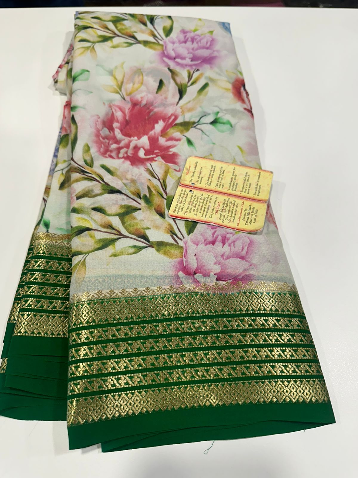 Pure Mysore silk saree
Silk mark certification 
75  grm  thickness 
Comes with contrast  blouse piece 
digital prints Printed Mysore silk sarees with heavy quality
