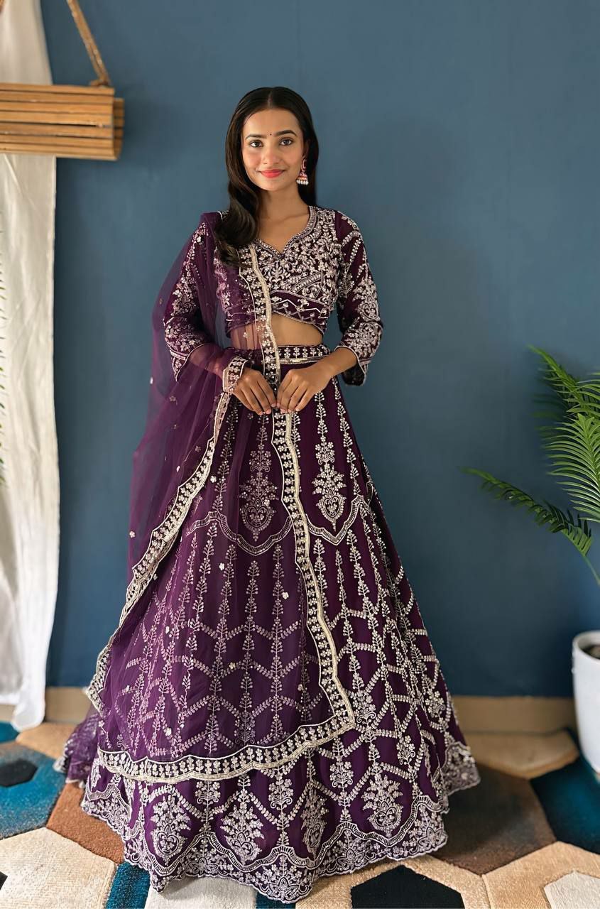 LEHNGA : FAUX GEORGEET WITH EMBROIDERY SEQUENCE DESIGN WORK