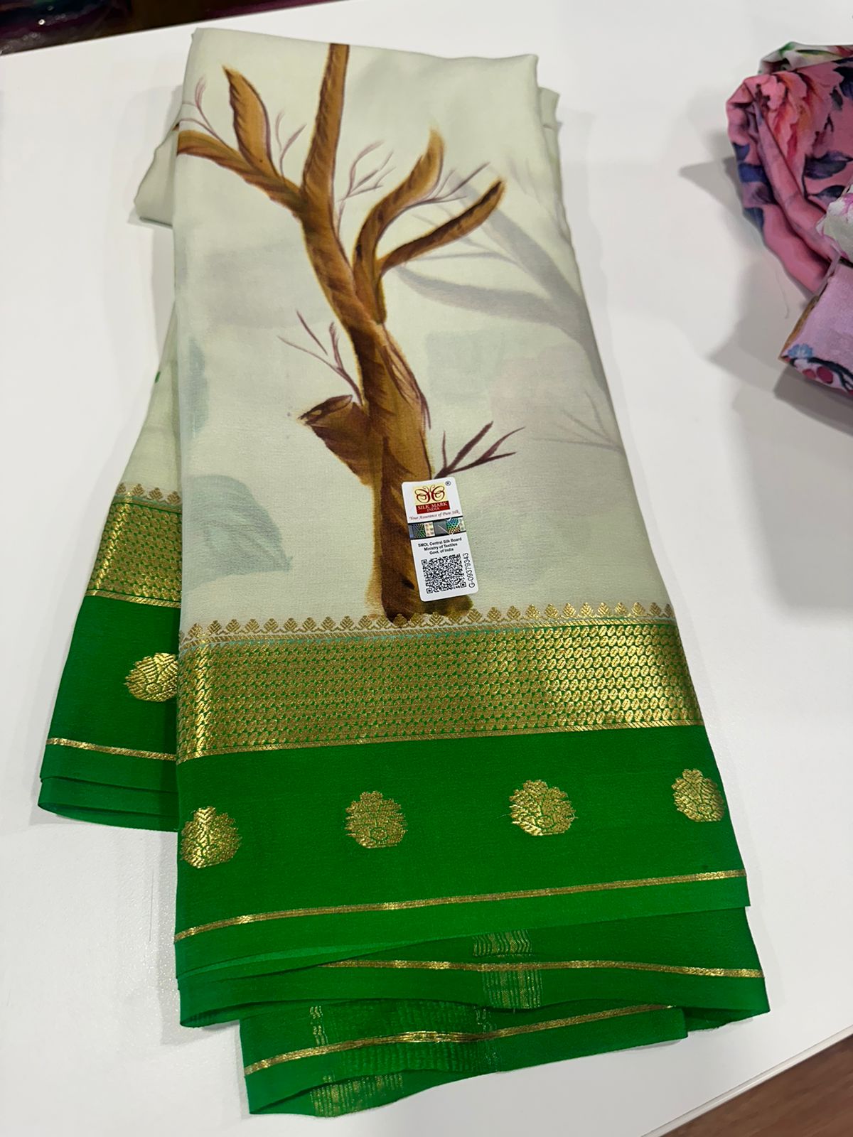 Pure Mysore silk saree
Silk mark certification 
75  grm  thickness 
Comes with contrast  blouse piece 
digital prints Printed Mysore silk sarees with heavy quality