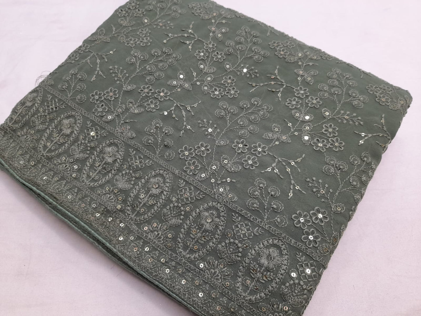 ALLOVER TONE TO TONE LUCKNOWI CHIKANKARI SAREE WITH SEQUENCE WORK ON GEORGETTE saree