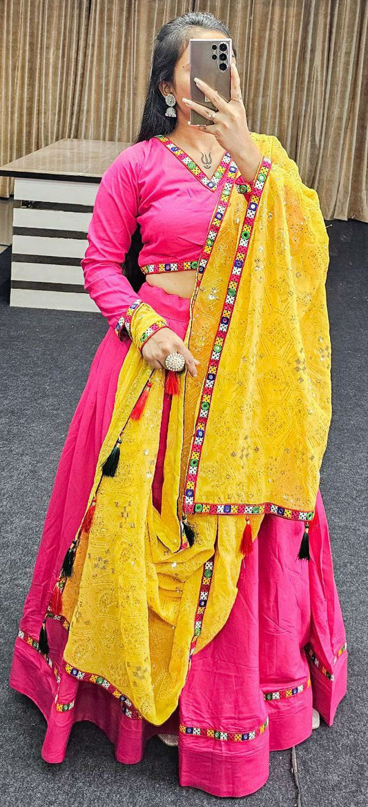Garba special lehenga choli collection
Fabric:- Pure Cotton
Work: Foil Print
Inner:- Micro Cotton
Size: free size
 (Fully Stitched)