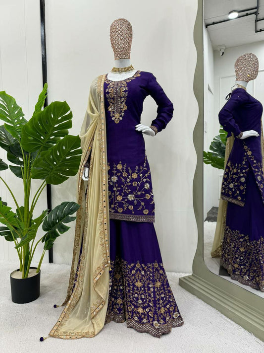 Designer sharara  Suit Set Chinon Silk febric with Inner and Sequnce With Thred work and Sharara on also Chinon Silk Febric With Sequnce With thred work and Dupatta on Faux Georgette Febric with Thred & sequence