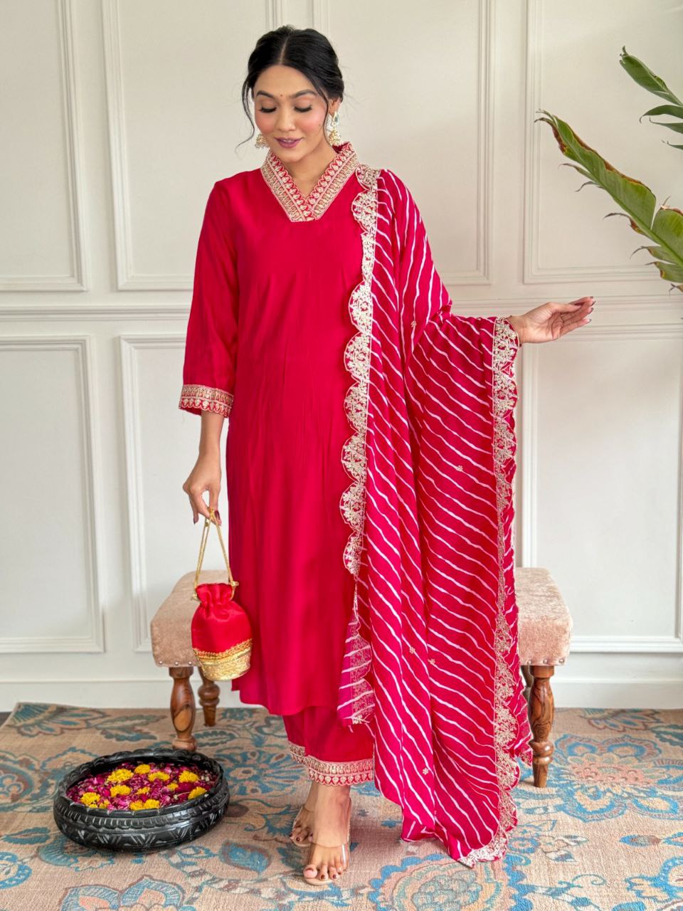 Suti set This set features PV CHANDERI with attractive Embroidery