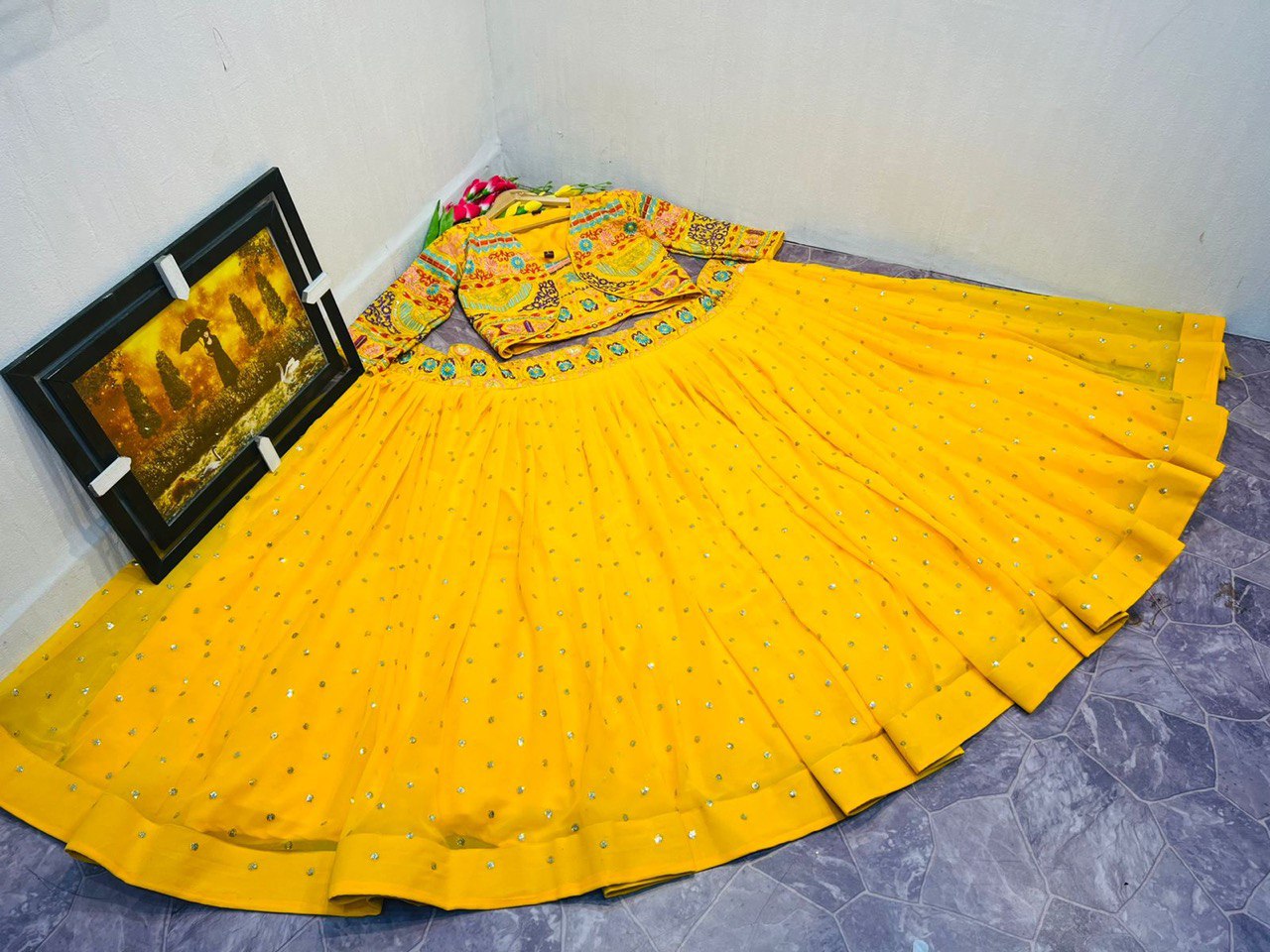 GORGETTE WITH MULTI COLOR EMBROIDERY DUBAL SIQUNCE WORK WITH FULL SLEEVE LENGHA CHOLI
