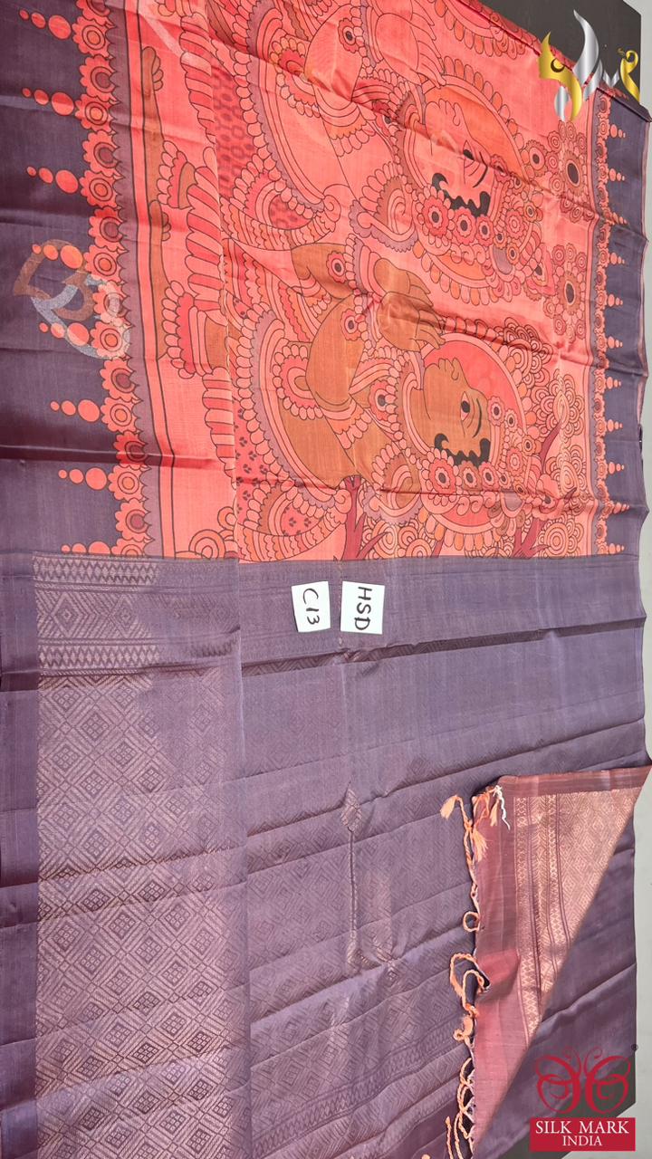 Original kanchipuram handloom silk  exclusive  TRADITIONAL  DESIGN KALAMKARI/PICHWAI design DIGITAL PRINTED Softsilk sarees*